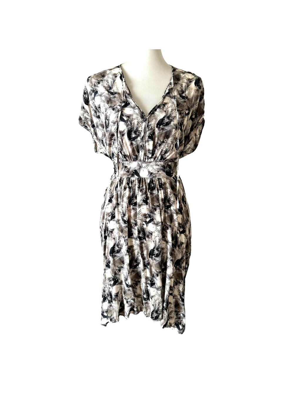 AllSaints Silk Dress Tunic with Self-Fabric Waist Tie Abstract Print, Size Small